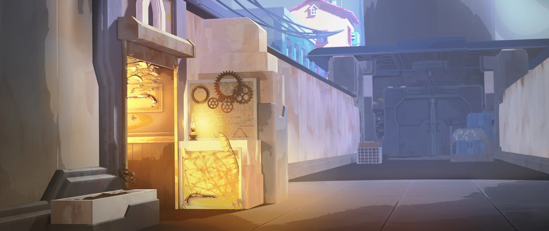 Golden-lit cinematic workshop environment