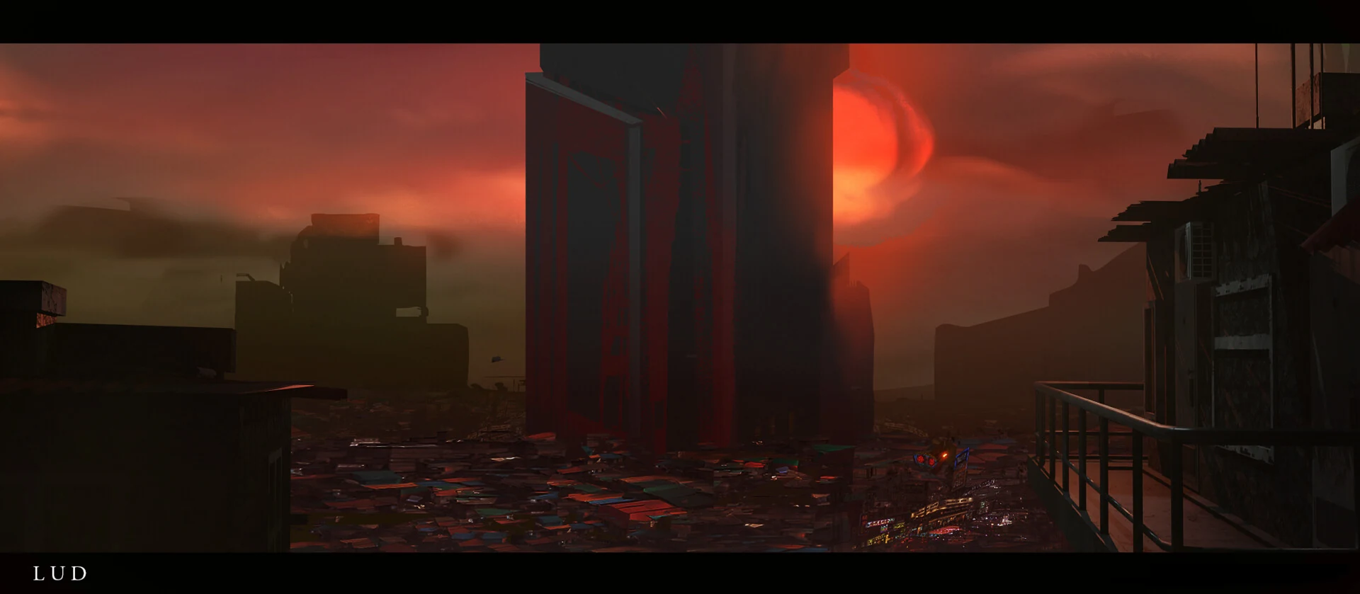 Red cinematic city environment at sunset