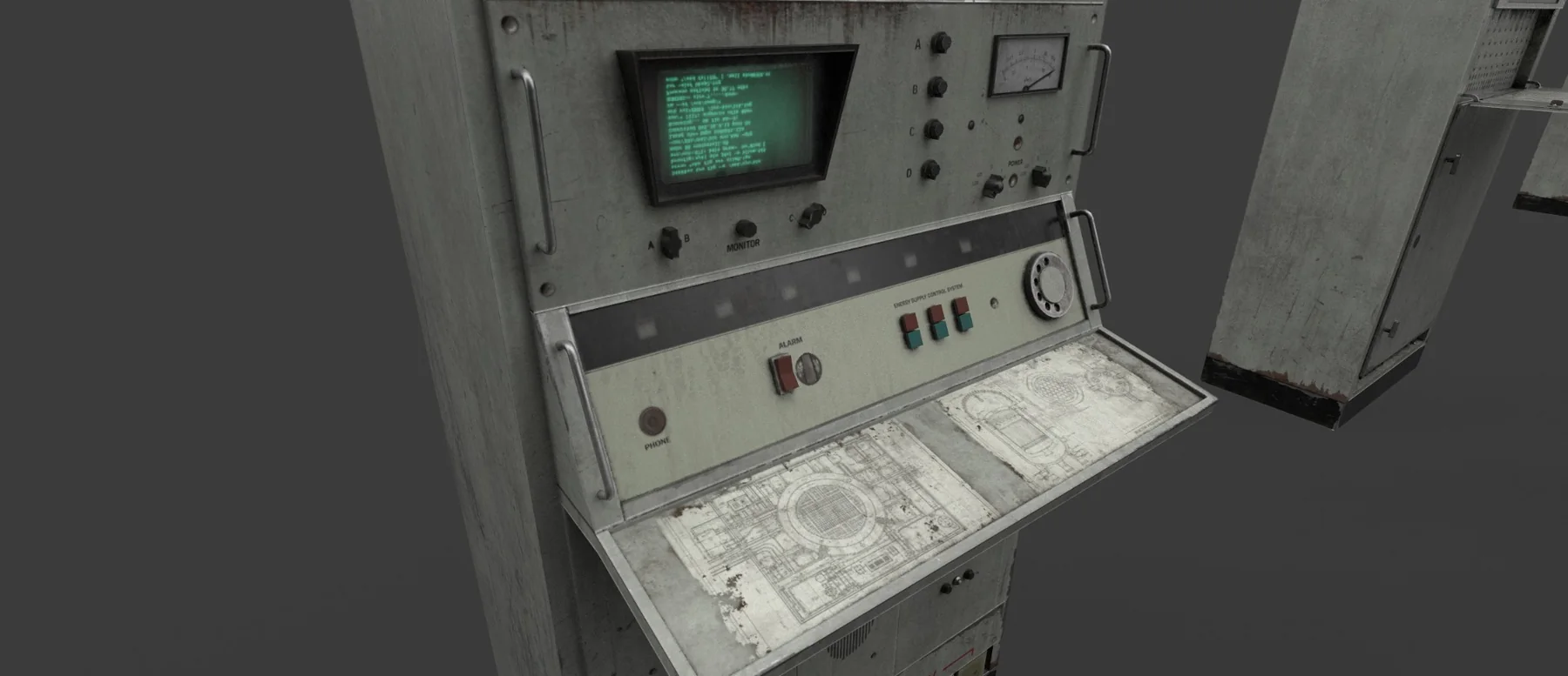Control console detail with green display