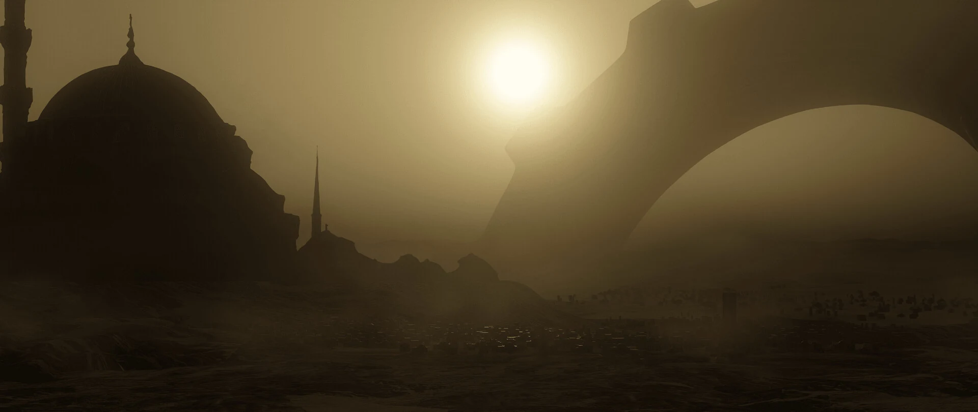 Monumental sepia landscape with distant city and architecture