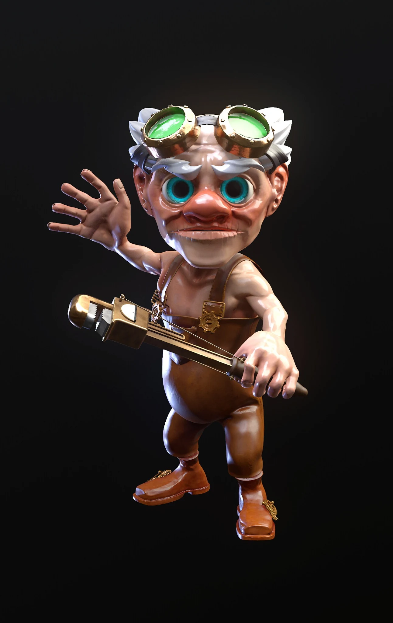 Stylized engineer character holding a mechanical tool