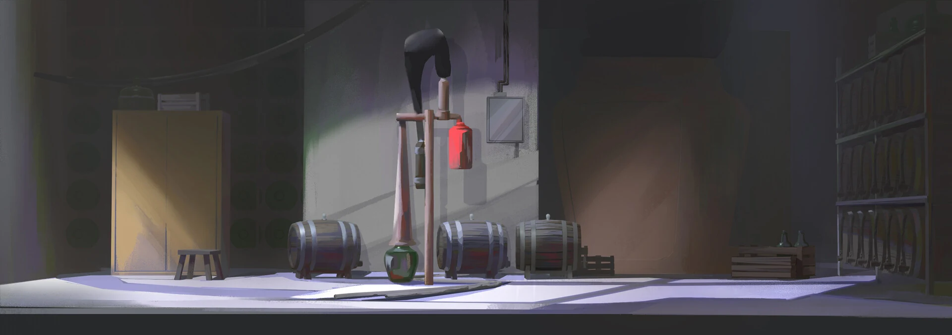Stylized cellar environment with barrels and shelves